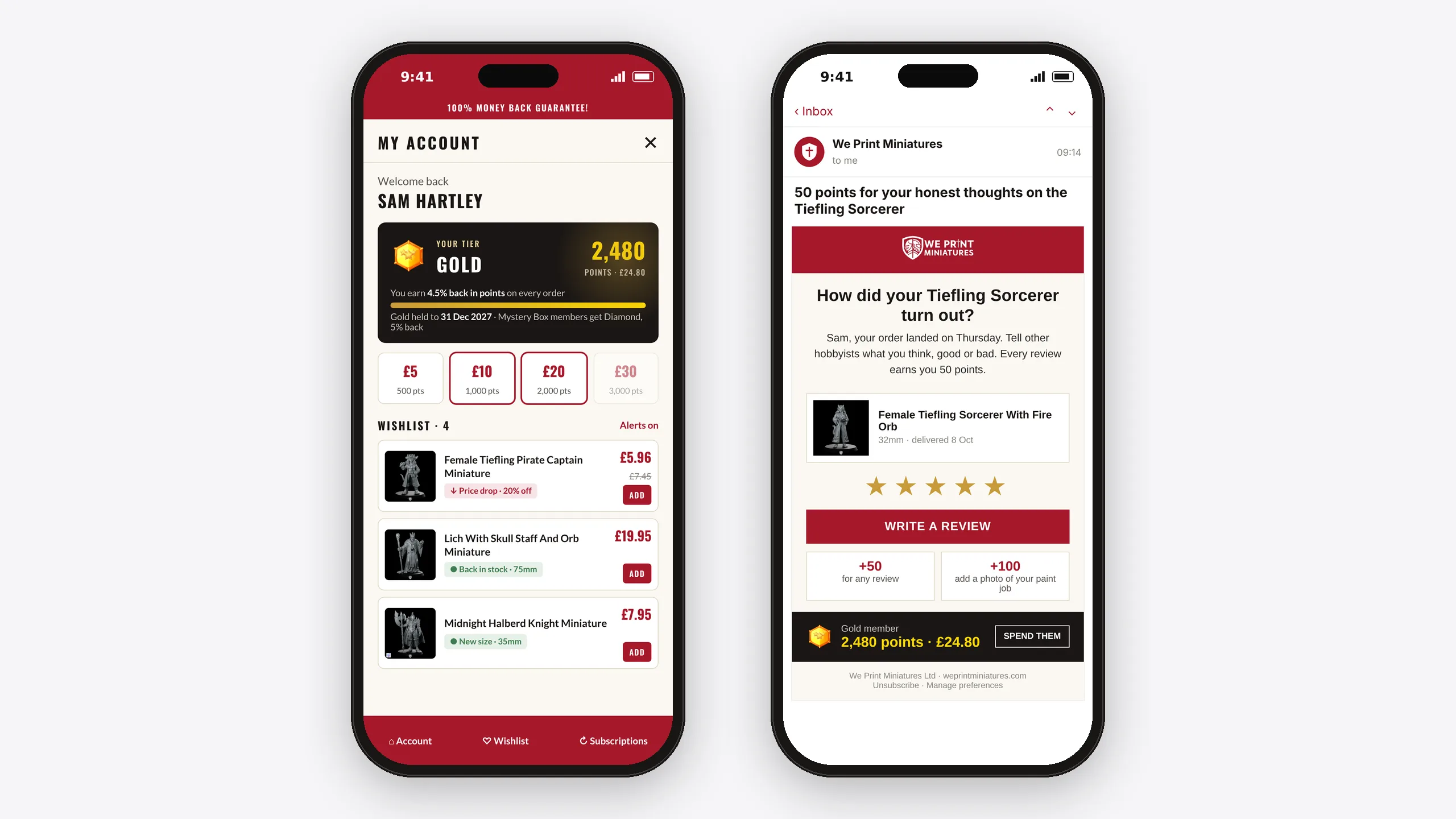 A customer's account on a phone: tier badge and points balance, a wishlist with a 'back in stock' alert, and a review request that arrived the day after delivery.